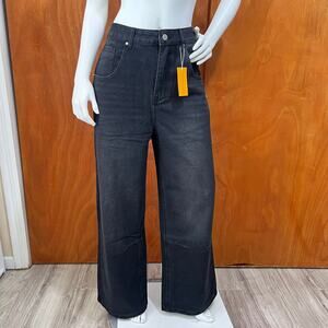 MYOURSA Women's Retro Pocket Design Loose Fit Wide Leg Black Jeans Sz L(W32 L30)